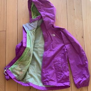 Kids North face purple and green rain jacket
